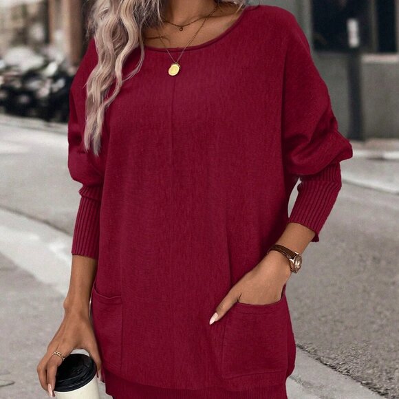 Burgundy Casual Women's Batwing Sleeve Double Pocket Sweater - Picture 5 of 6
